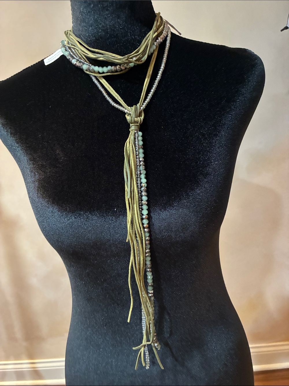 Free People Olive Green Beaded Lariat Necklace